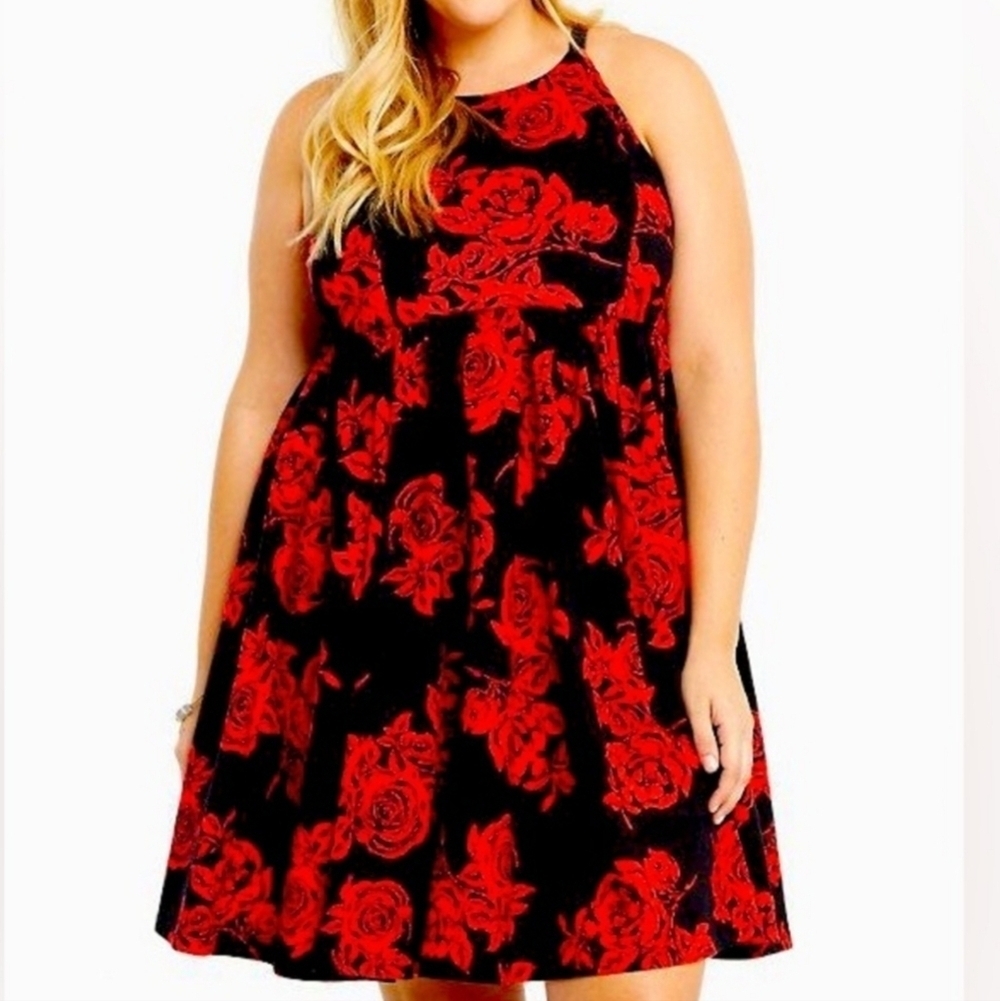 Torrid Red Black Floral Pond Skater Dress 18 2x nwt New